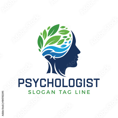 Professional psychologist logo with human head and leafy green brain