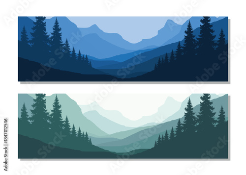 Serene mountain landscapes with pine trees in soothing blue and green hues