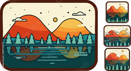 Minimalist landscape badge design featuring colorful mountains reflected in a calm lake under starry skies