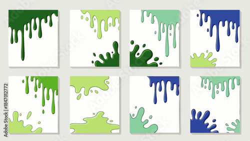 Set of colorful paint drips and splashes on white background, abstract design elements for posters and banners