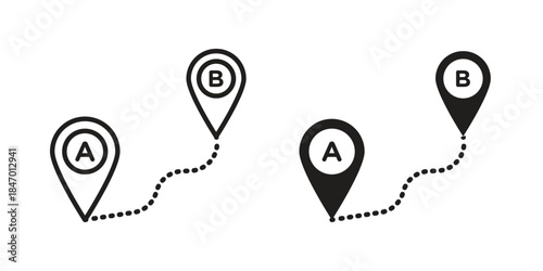 Path A to B icon element in flat simple style. Thin stroke editable icons