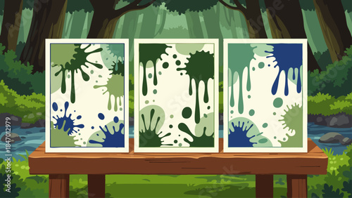 Three abstract frames with vibrant green and blue paint splatters, creatively displayed on a wooden bench in a lush forest setting, symbolizing art in nature.