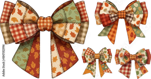 Collection of four rustic autumn patchwork fabric bows perfect for fall holiday crafting and decoration