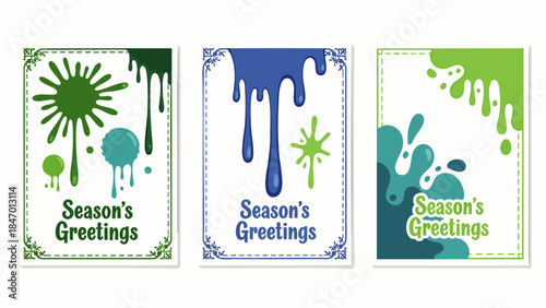 Set of three festive greeting cards with colorful paint splatters and dripping designs, wishing Season's Greetings