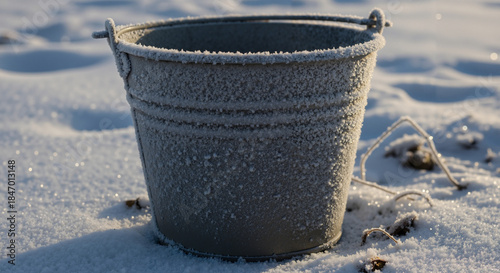 Frosted water bucket in winter setting on snow-covered ground  