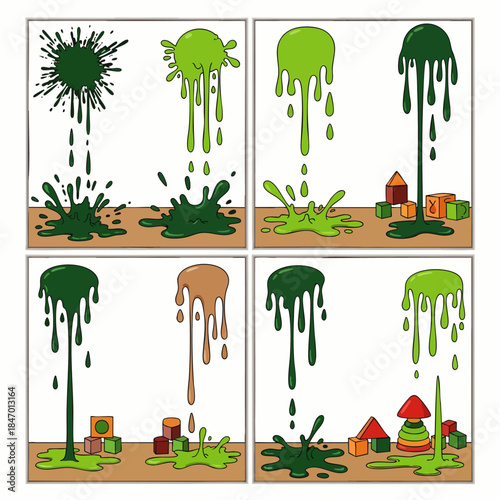 Green Slime Splattering and Dripping Onto Building Blocks in a Four-Panel Sequence