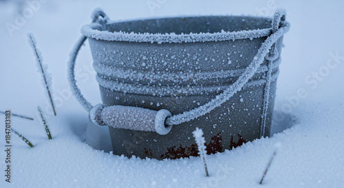 Frosted water bucket in snow with frost and winter ambiance  