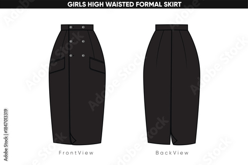 Girls High Waisted Formal Skirt Vector Flat Drawing, Front and Back View