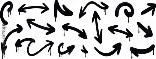 Black graffiti style arrow set with dripping paint effect, urban street art spray paint vector collection