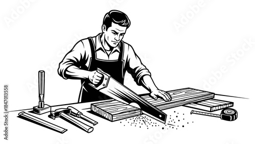 Craftsman's Precision: A skilled artisan, absorbed in their craft, meticulously saws through wood, embodying dedication and skillful artistry in this classic woodworking scene.