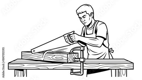 Crafting with Precision: A skilled artisan, engrossed in his work, meticulously cuts a piece of wood with a handsaw on a sturdy workbench. A symphony of focused action.