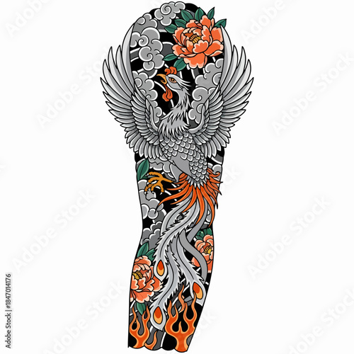 Japanese Phoenix Tattoo Design with Peony Flowers and Clouds Vector Illustration