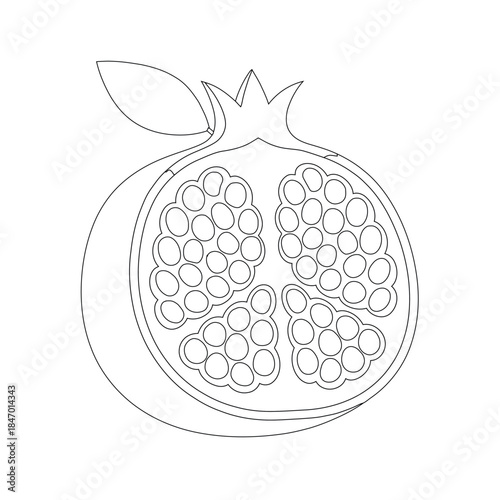 Detailed black and white outline vector of a pomegranate, cut in half to show the internal structure, arils, and a leaf.