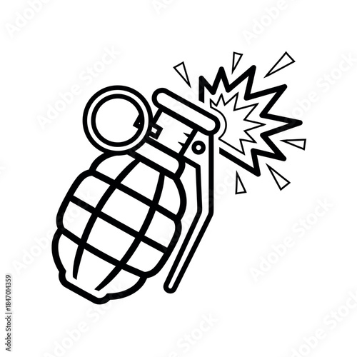 Black and white outline vector icon of a military fragmentation hand grenade with the safety pin pulled and an explosive burst effect.