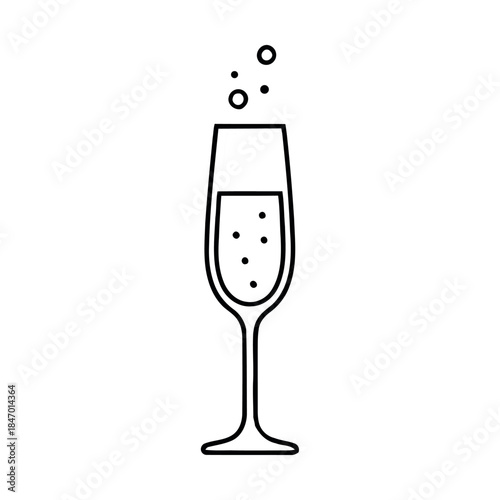 Black and white outline vector icon of a tall champagne flute with sparkling bubbles, symbolizing a celebration or party.