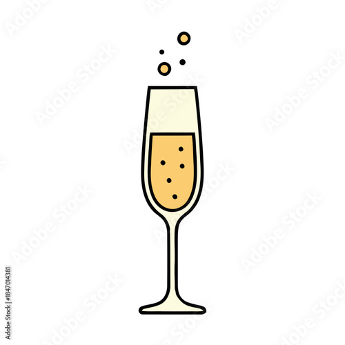 Stylized vector illustration of a champagne flute with bubbling, sparkling wine for celebration and party.
