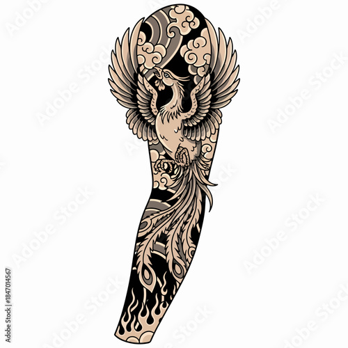 Phoenix Tattoo Design with Clouds and Flames