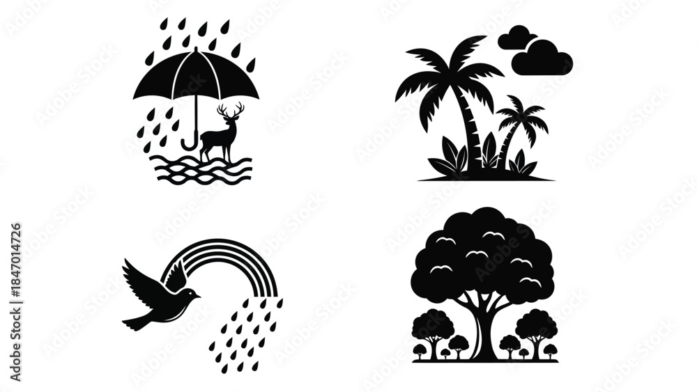 Naklejka premium Collection of four black and white nature icons representing weather, wildlife, and tropical environments