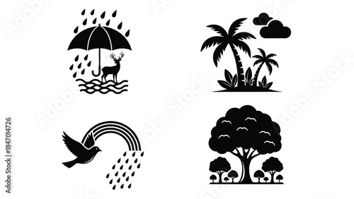 Collection of four black and white nature icons representing weather, wildlife, and tropical environments
