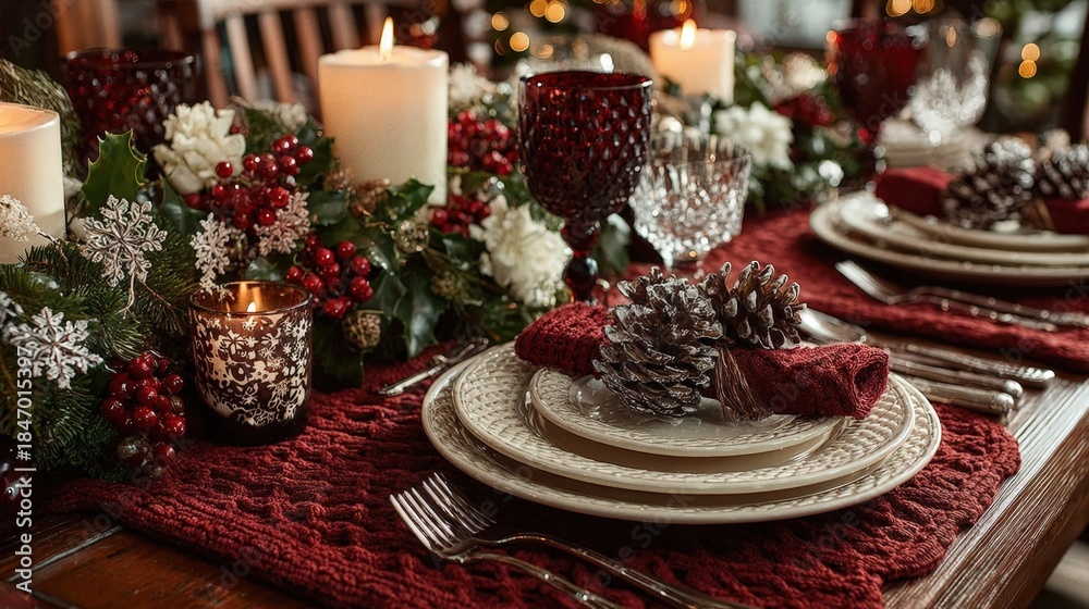 Naklejka premium Festive table setting evokes christmas spirit with red runner, snowflake placemats, china plates, crystal stemware, candles, and holly berry centerpiece