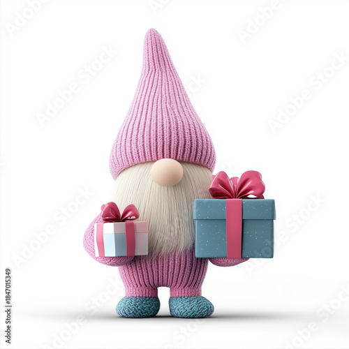 Pink gnome is holding a blue box and a pink box