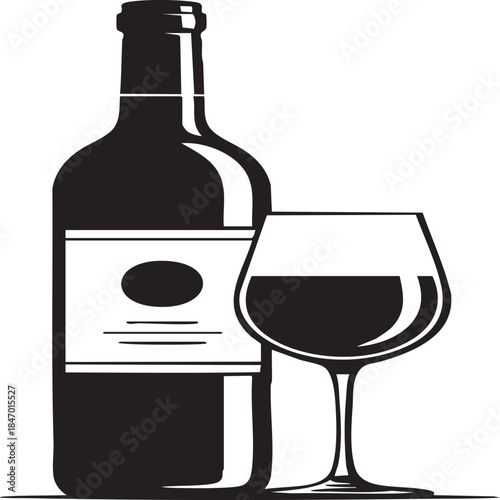 Minimalist black and white illustration of a wine bottle and glass