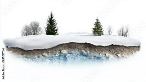 Snowy landscape with two trees and a body of water. Winter landscape in section.