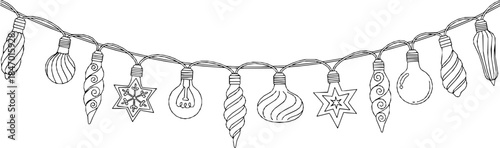 Seamless border Christmas holiday lights. Repeating pattern line art coloring light bulbs garland for Christmas holiday cards, banners, footer, header, menu. Vector illustration black on white.