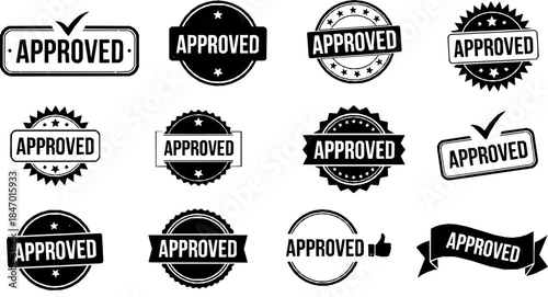 Approved stamp vector set in black color. Suitable for apps and website UI designs
