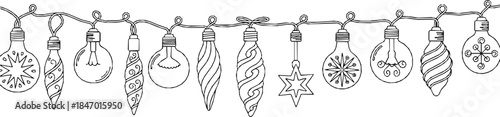 Seamless border Christmas holiday lights. Repeating pattern line art coloring light bulbs garland for Christmas holiday cards, banners, footer, header, menu. Vector illustration black on white.