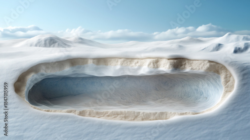 Large hole in the snow with a blue sky in the background. Snowy ice cave underground.
