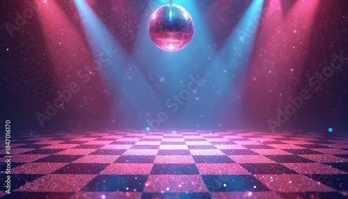 Disco dance floor checkered pattern shines. Glittering disco ball hangs over illuminated stage. Pink and blue lights flash creating party atmosphere. Retro groove nightclub vibe for fun.