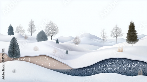 Snowy landscape with a river and trees. Winter landscape in section.