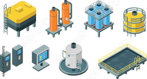 Isometric industrial storage tanks equipment set chemical fuel water containers factory infrastructure vector illustration