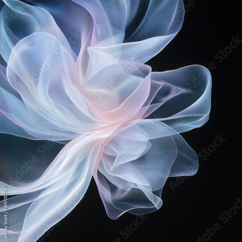 Abstract flowing fabric-like shape in light blue and white on black background for artistic design