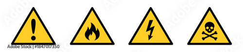 Hazard and warning sign icon set. Caution, danger, fire, high voltage, toxic, biohazard and radiation symbols – stock vector