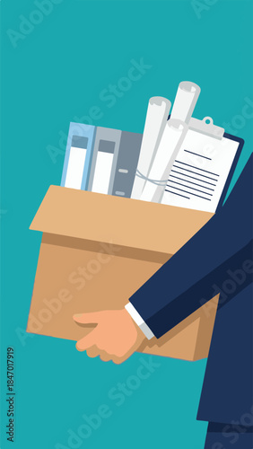 Business person hand holding a cardboard box filled with office files