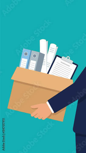Business person hand holding a cardboard box filled with office files