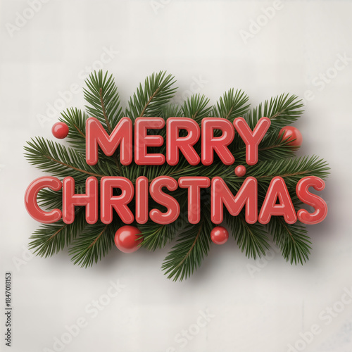 Wallpaper Mural "Merry Christmas 3D Text with Pine Branches and Red Baubles on Neutral Background — Festive Holiday Greeting Composition" Torontodigital.ca