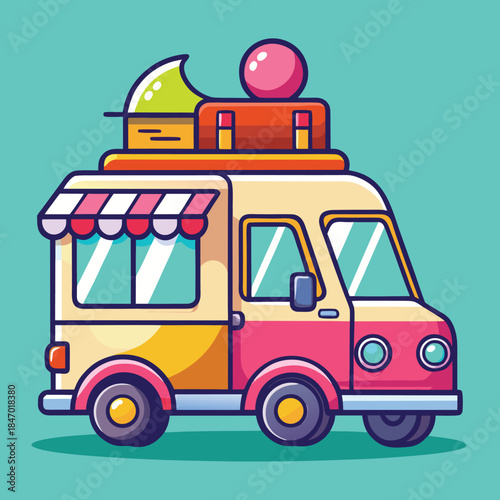 Colorful Ice Cream Truck with Dessert Toppings on Roof – Cute Cartoon Vector Illustration
