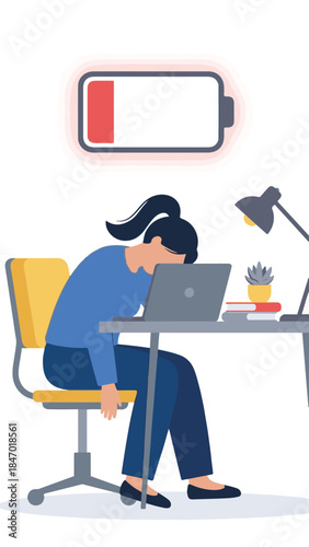 Tired female office worker leaning on desk with empty battery icon
