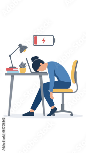 Tired female office worker leaning on desk with empty battery icon