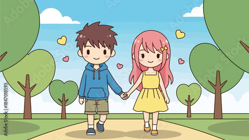 A charming flat design illustration depicts a cute anime couple happily walking hand-in-hand through a whimsical park filled with heart-shaped trees, celebrating love. 