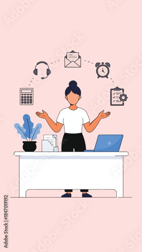 Woman managing multiple icons including calls messages and calendar at desk