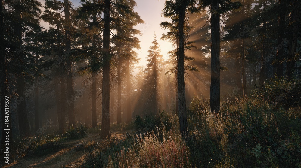 Fototapeta premium foggy forest at dawn with warm sunlight beams, realistic textures, no people 