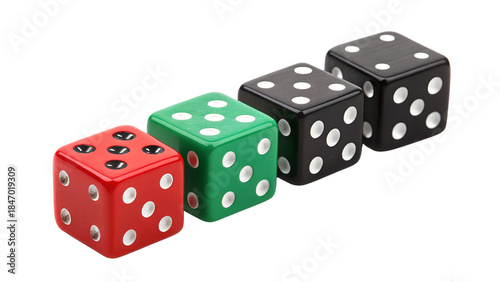 Colorful Dice Set Isolated on Black Background – Red, Green and Black Gaming Cubes