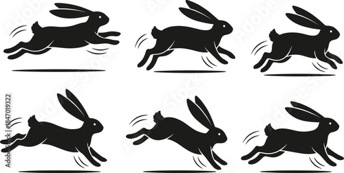 Set of dynamic black rabbit silhouettes running and jumping, vector illustration of fast hare isolated on white background for logo branding or Easter holiday design.