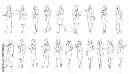 Women in Formal Business Attire Vector – Perspective View, CAD Line Illustration, Editable
