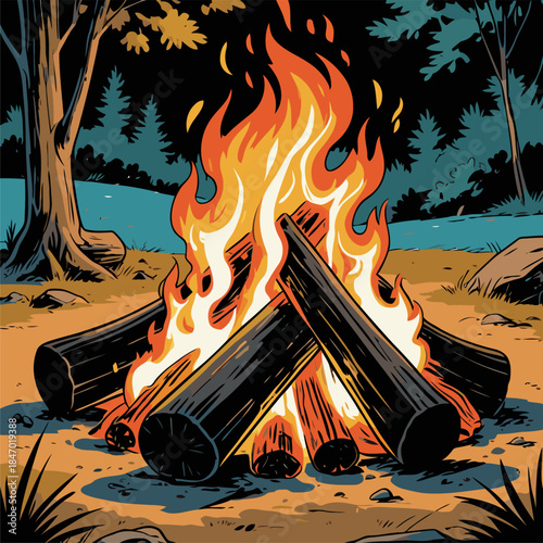 vector illustration of a campfire in American comic style
