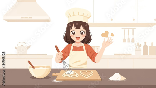 A delightful flat design illustration shows a cute anime girl enthusiastically baking heart-shaped cookies in a modern kitchen for Valentine's Day